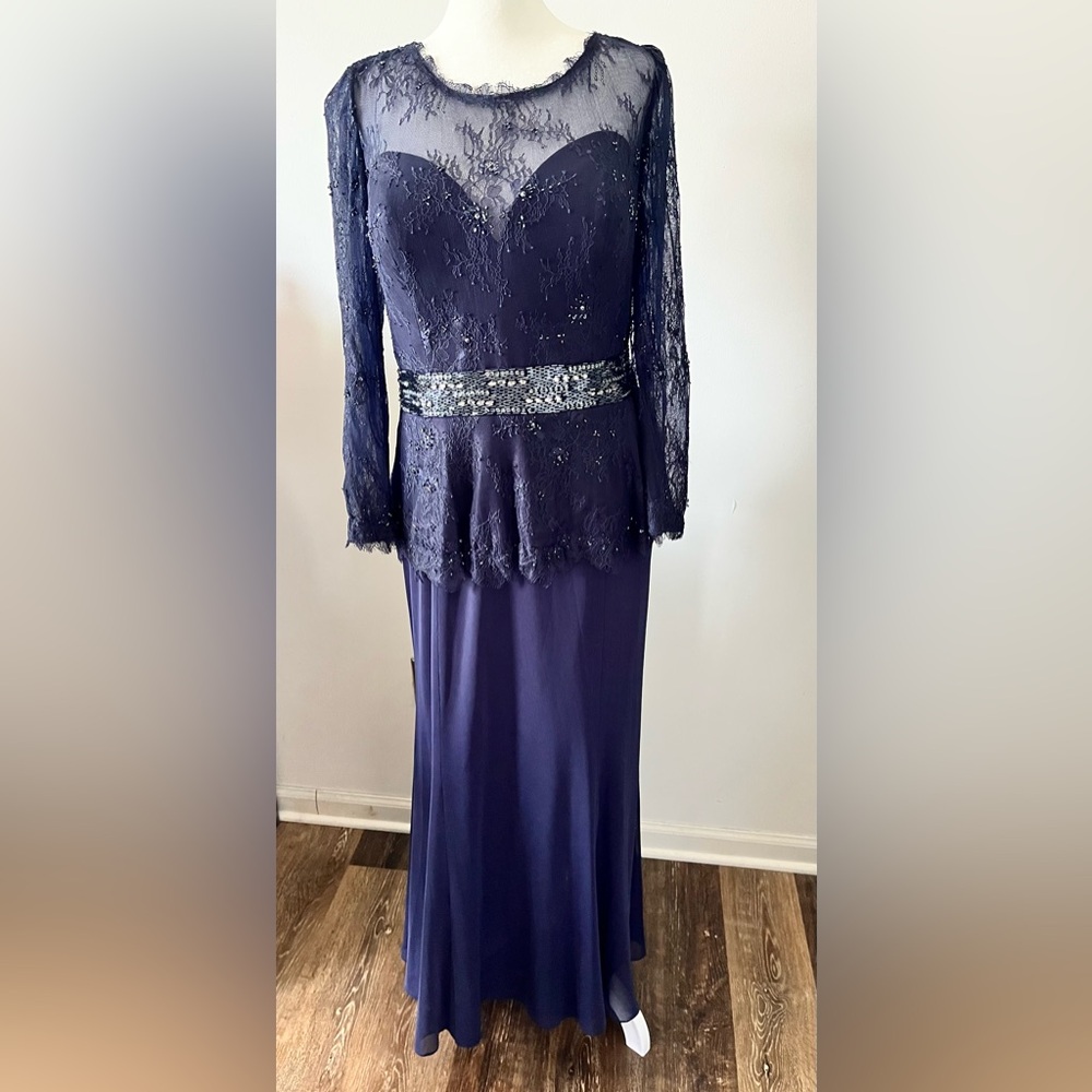 VM Collection Navy Long Sleeve Lace Gown